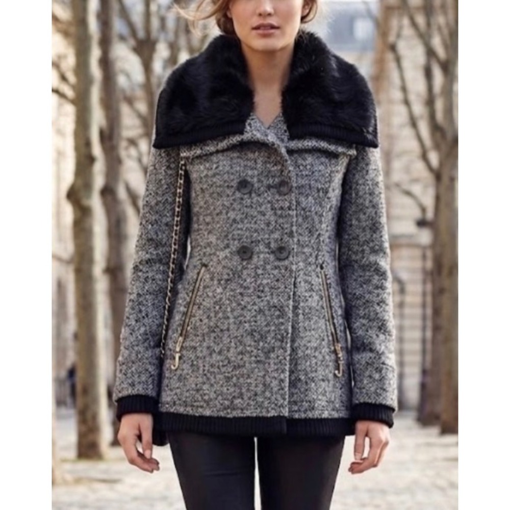 Juicy Couture Womens Y2K Tweed Pea Coat Faux Fur Collar Black White Pepper S